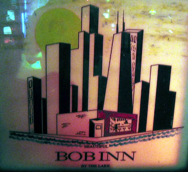 The Beautiful Bob Inn By The Lake skyline sign behind the bar