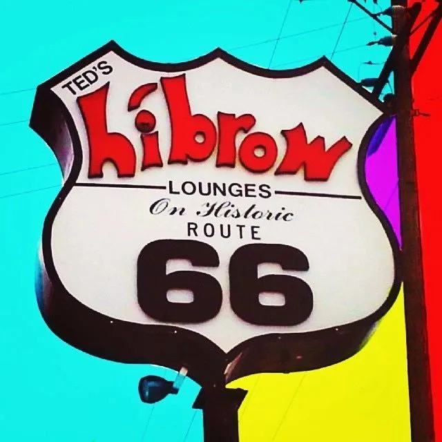 Hi Brow Bar & Grill Route 66 sign and red awning on Foothill Blvd