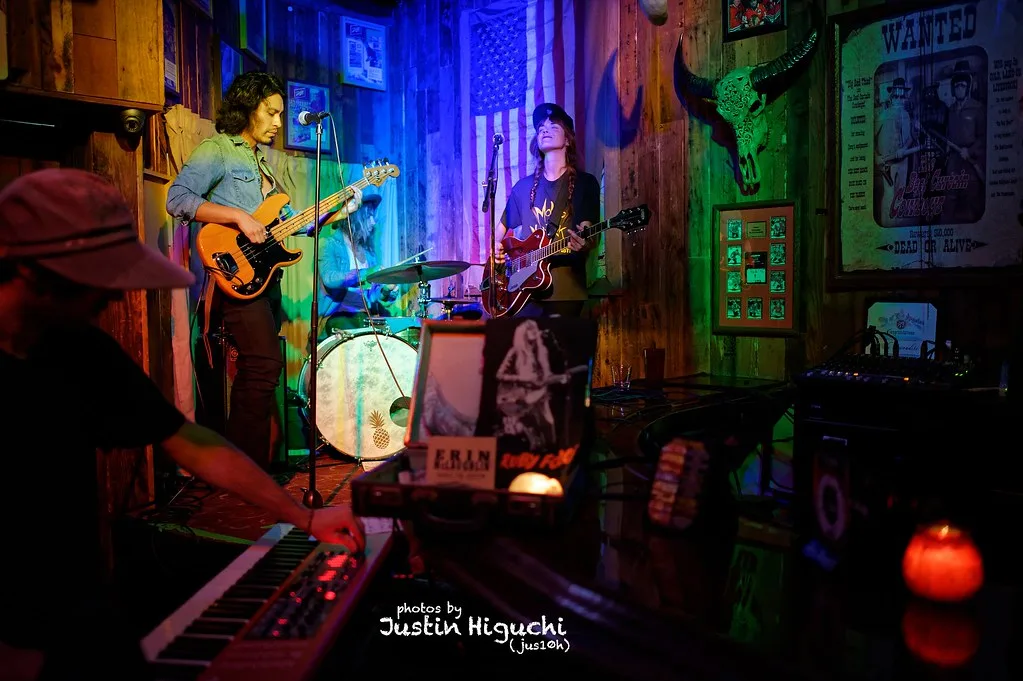 Ruby Force guitarist singing at The Escondite on May 7, 2016, with the drummer behind him