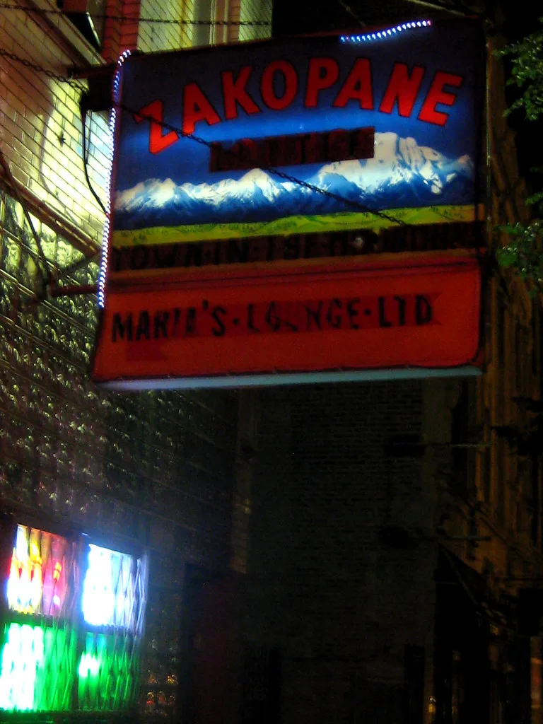 The Zakopane sign, glass-block window, and neon at the Division Street lounge